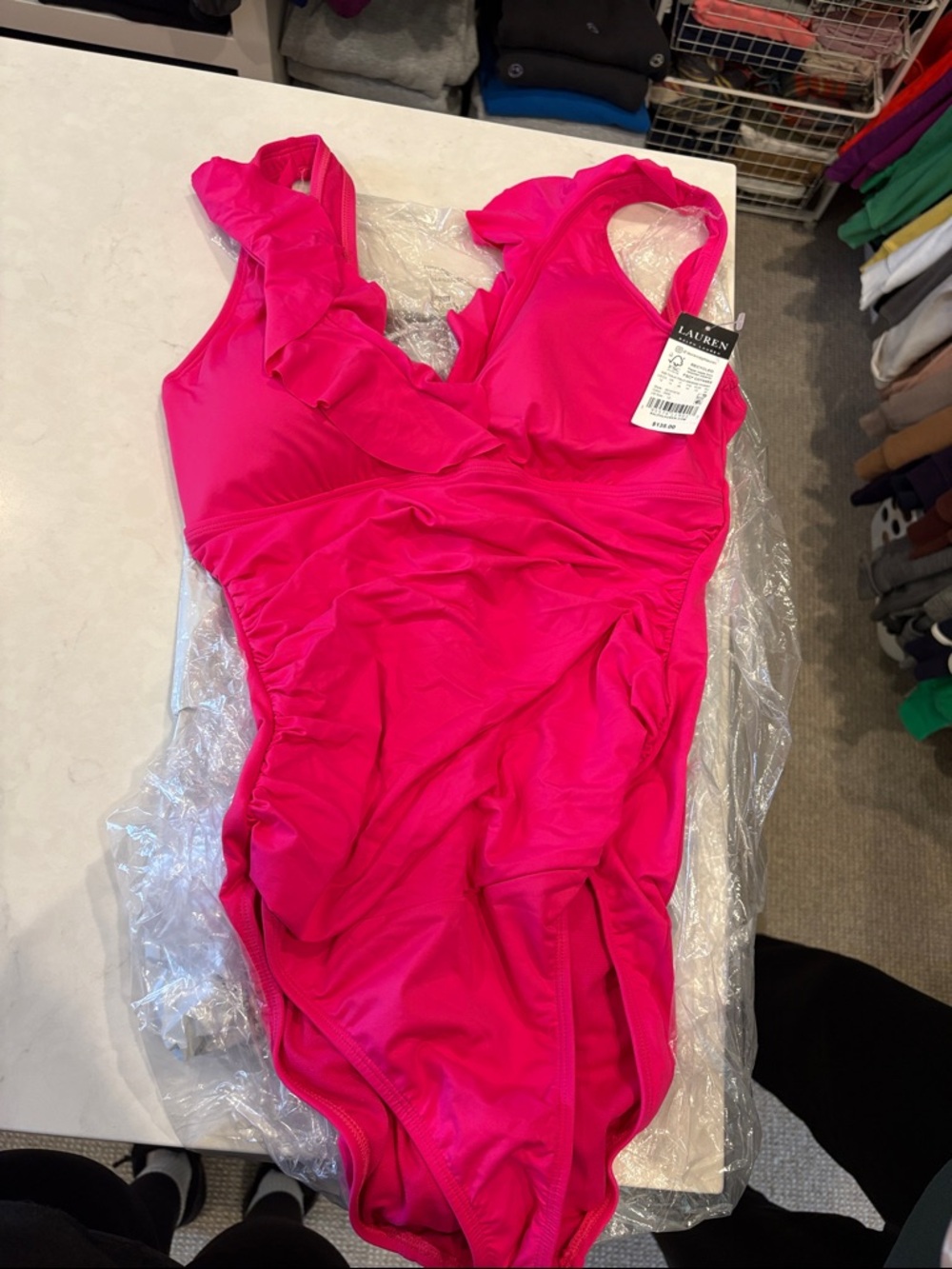 Ralph Lauren Bright Pink Ruffle V-Neck One-Piece - Picture 3 of 3